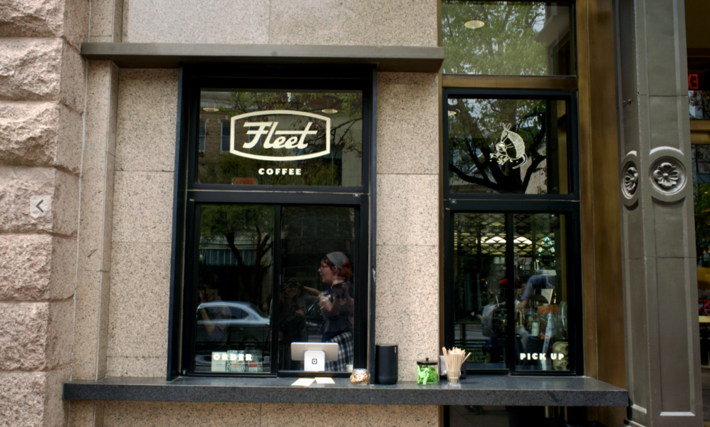 Window of Fleet's downtown coffee shop location