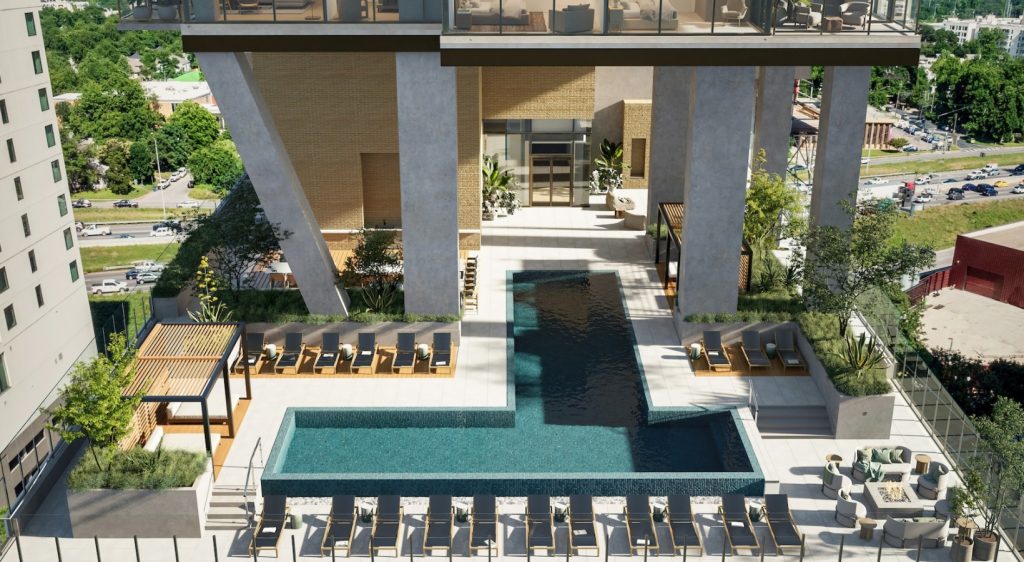 Birds eye view of 700 River's pool