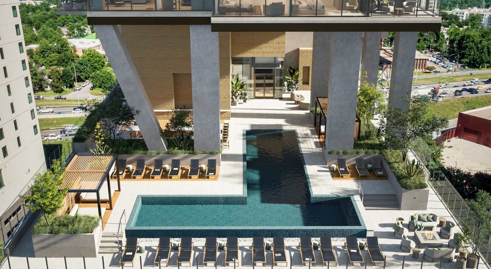 Birds eye view of 700 River's pool