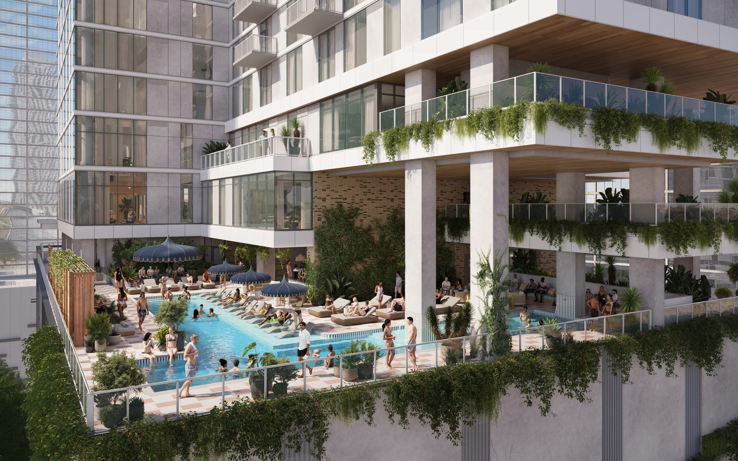 Paseo's pool on the twelfth floor with skyline views and ample space