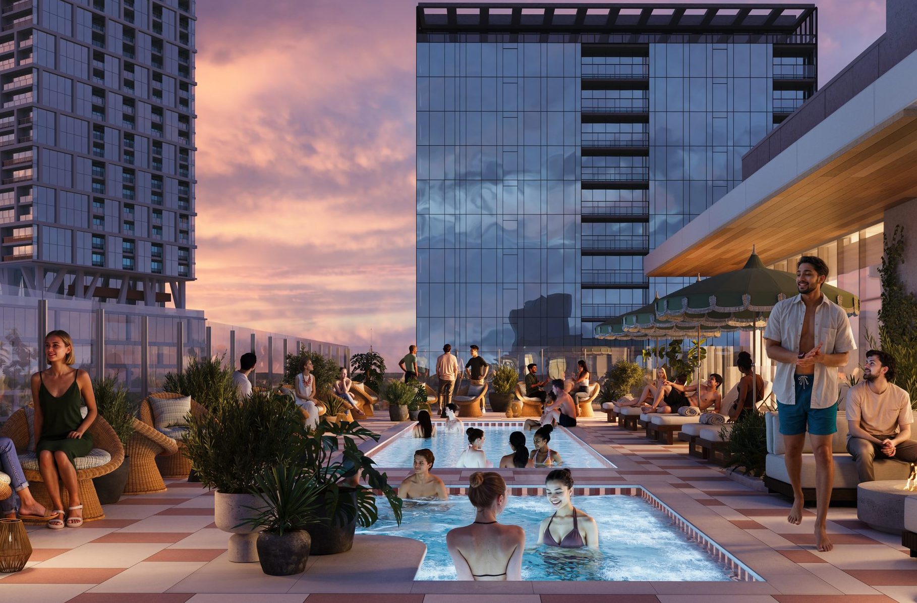 Luxury rooftop pool at Paseo ATX with lounge chairs residents enjoying the view in downtown Austin, Texas.