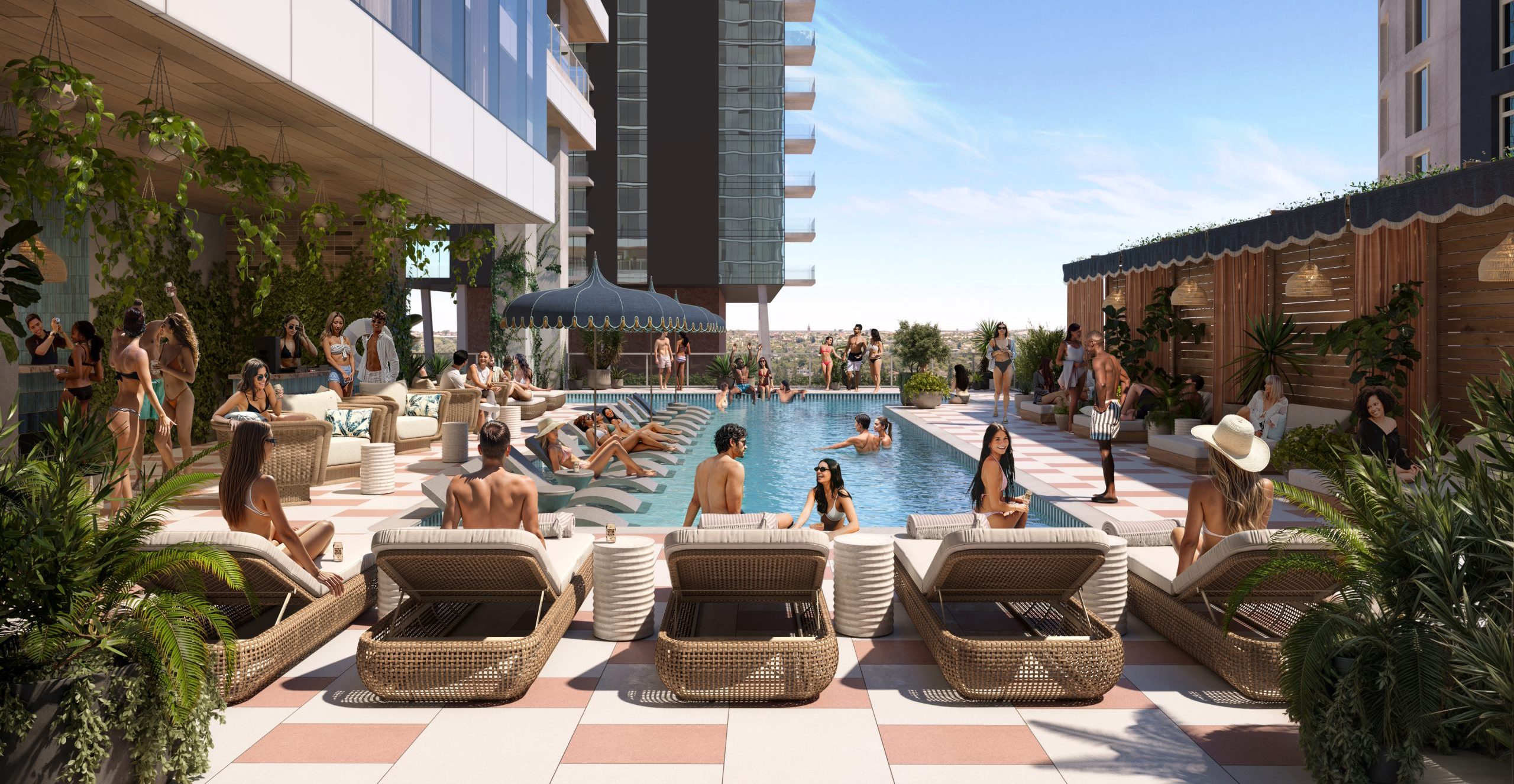People sitting by Paseo's pool on the twelfth floor.