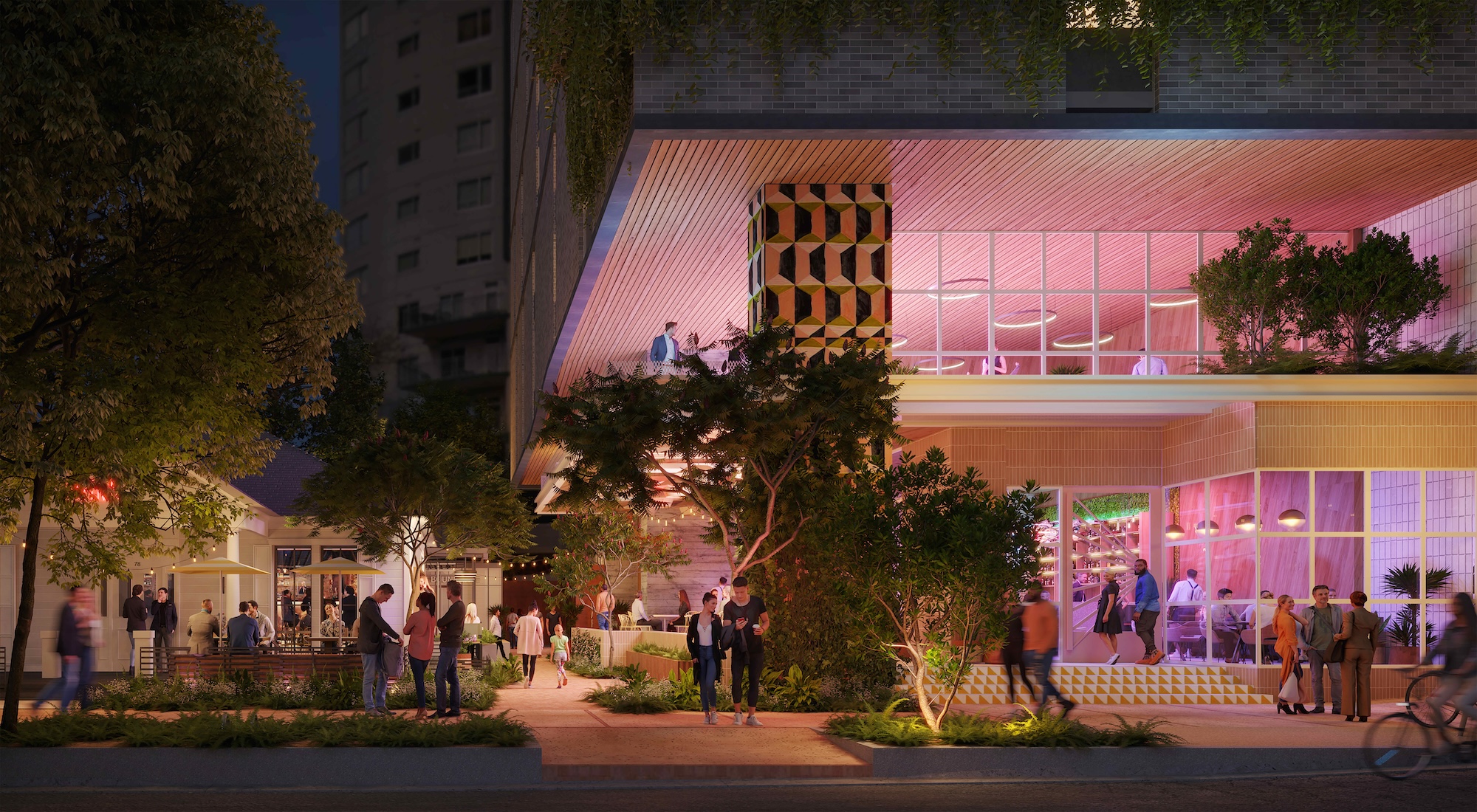 Paseo's exterior at nighttime