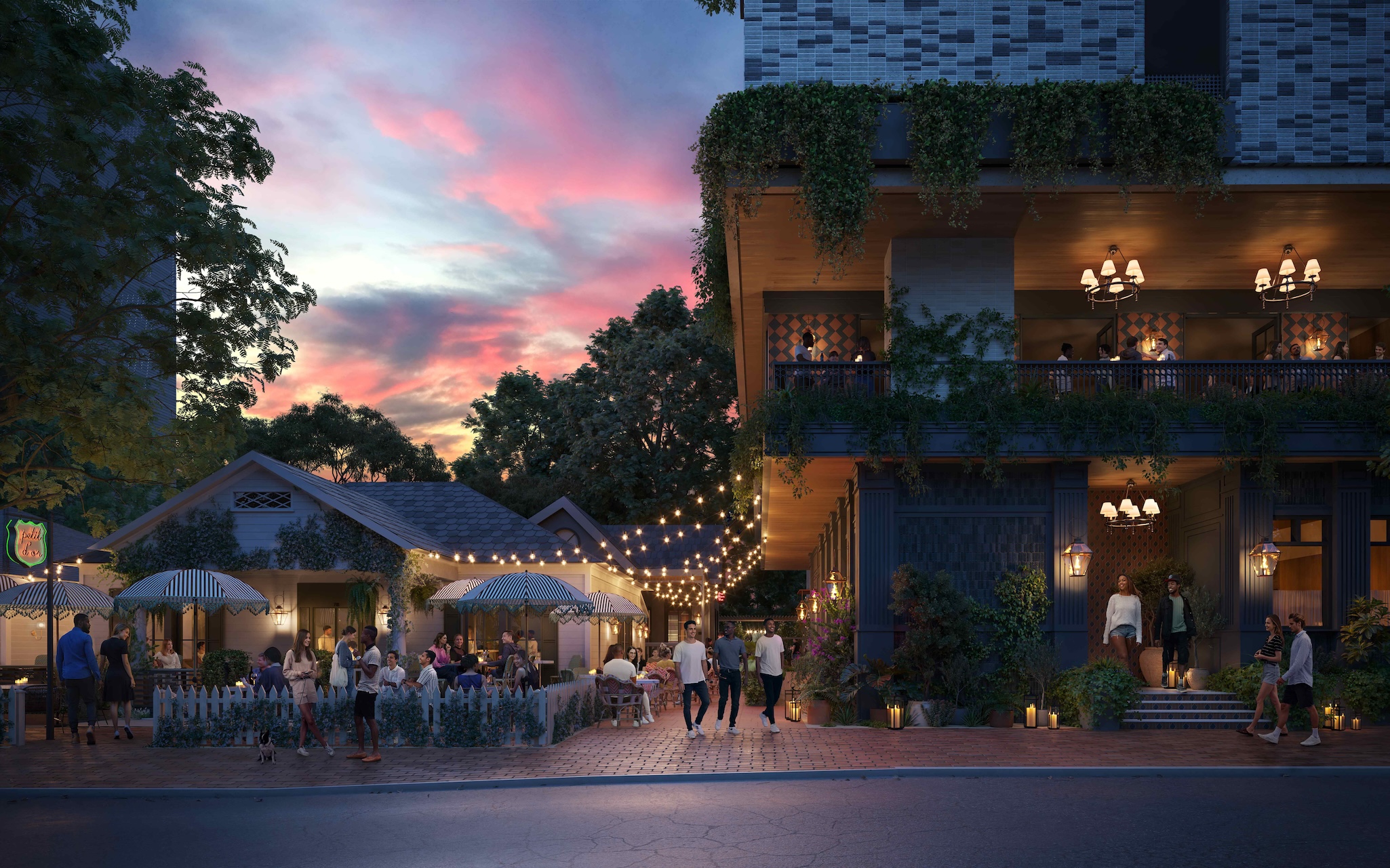 Paseo's exterior at nighttime