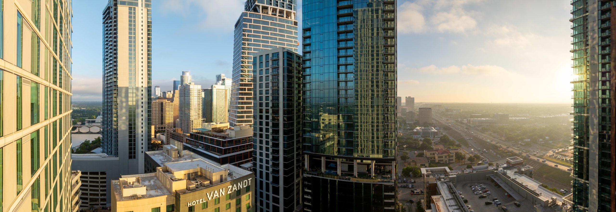 North-facing panoramic view from the 42nd floor, overlooking downtown Austin.