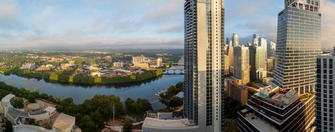 Panoramic northwest-facing view from the 30th floor, overlooking Lady Bird Lake and downtown Austin.