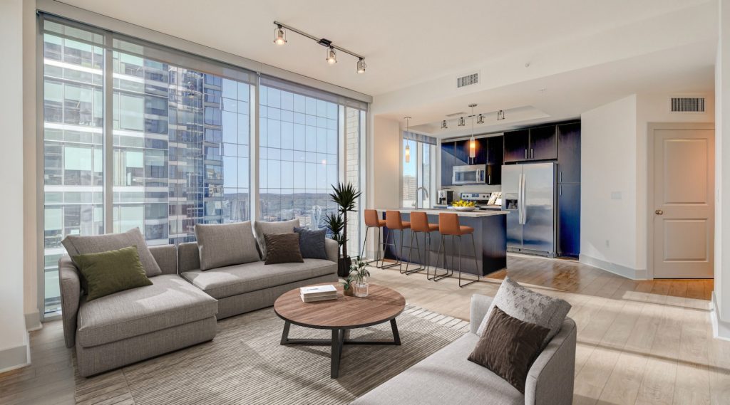 Kitchen and living space inside Northshore, luxury downtown Austin apartments.
