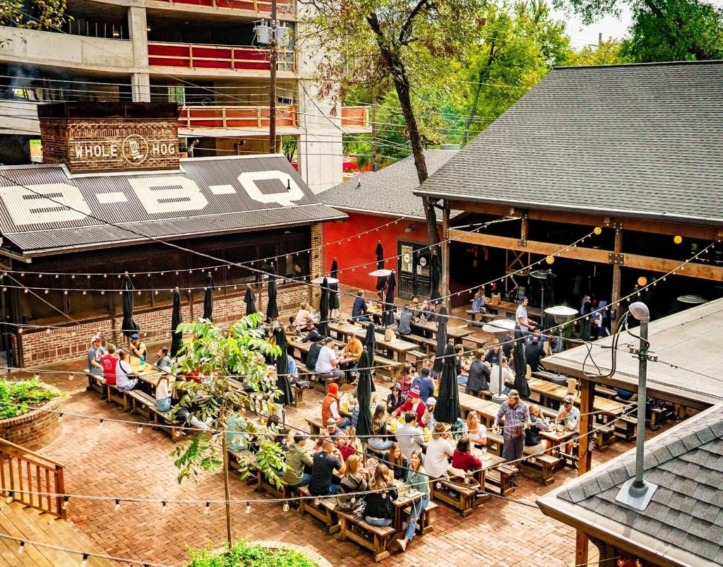 Outdoor stage at Banger’s, a Beer Garden on Rainey Street known as one of the best live music venues downtown Austin, Texas. 