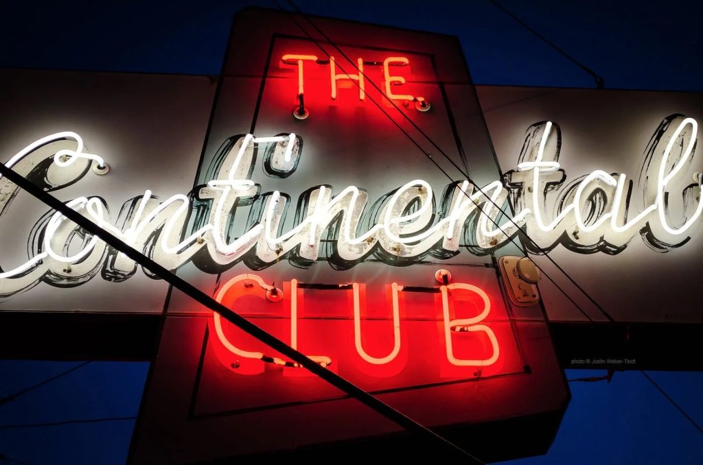 Image of Neon sign at The Continental Club, known as one of the best live music venues on South Congress in Downtown Austin, Texas. 