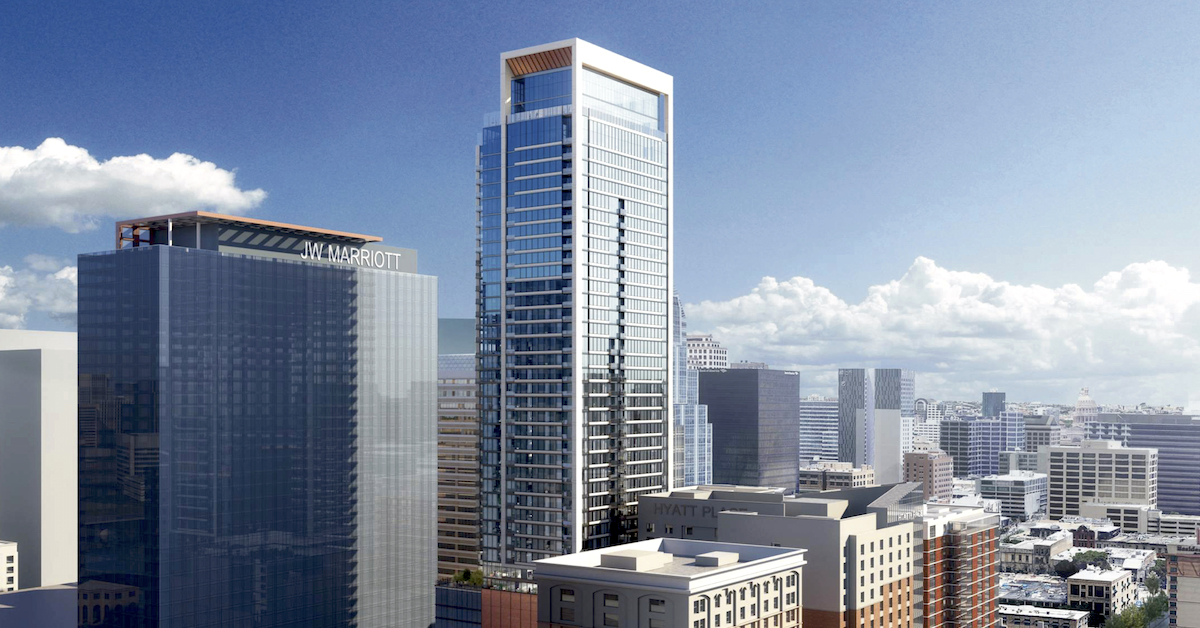 Exterior photo of Hanover Brazos Street, luxury apartment located in downtown Austin, Texas.