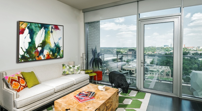 Living room at The Bowie Austin, highlighted in our downtown Austin apartment review comparing The Bowie and Paseo.