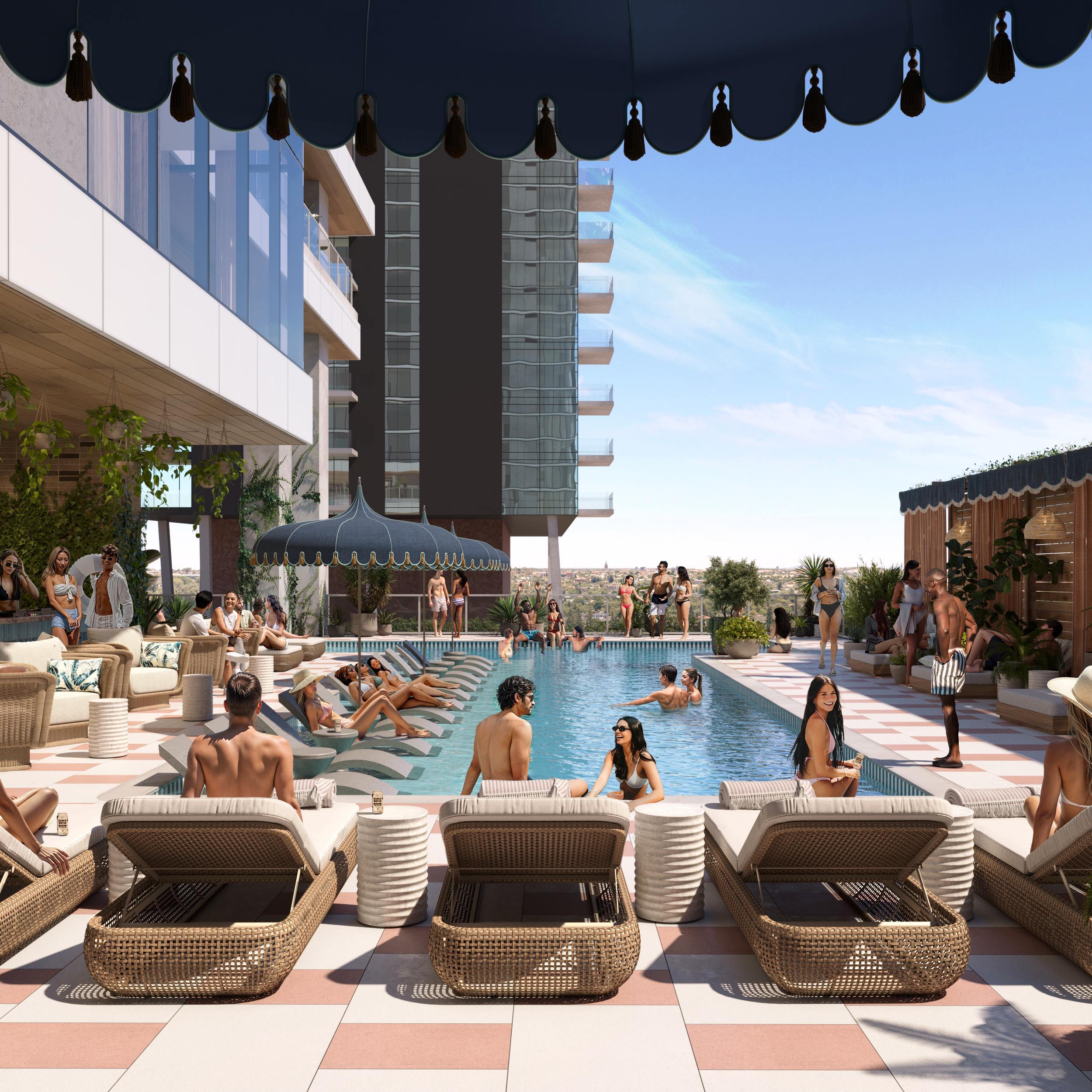 Paseo rooftop pool with lounge seating and skyline views on Rainey Street.