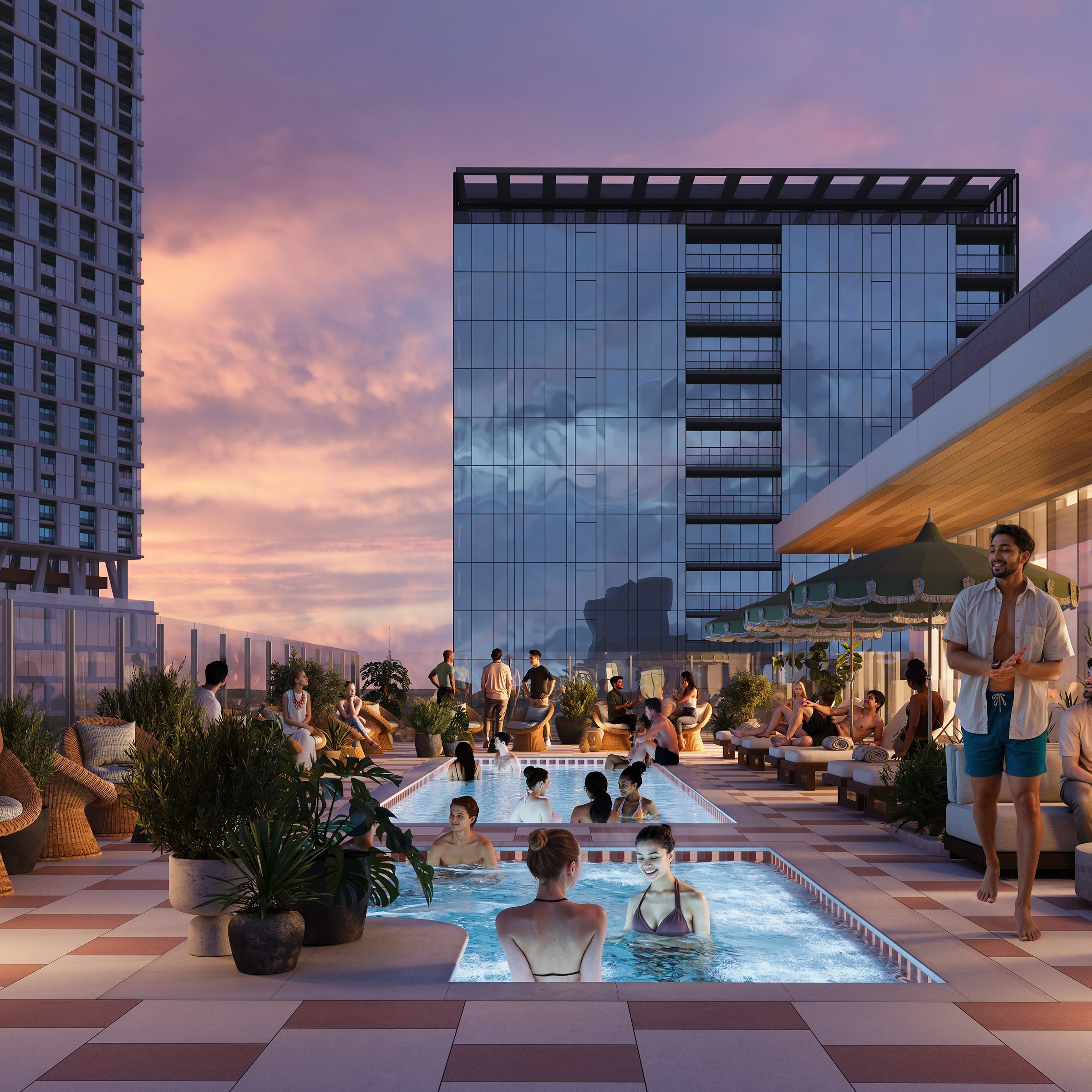 Luxury rooftop pool at Paseo ATX with lounge chairs residents enjoying the view in downtown Austin, Texas.