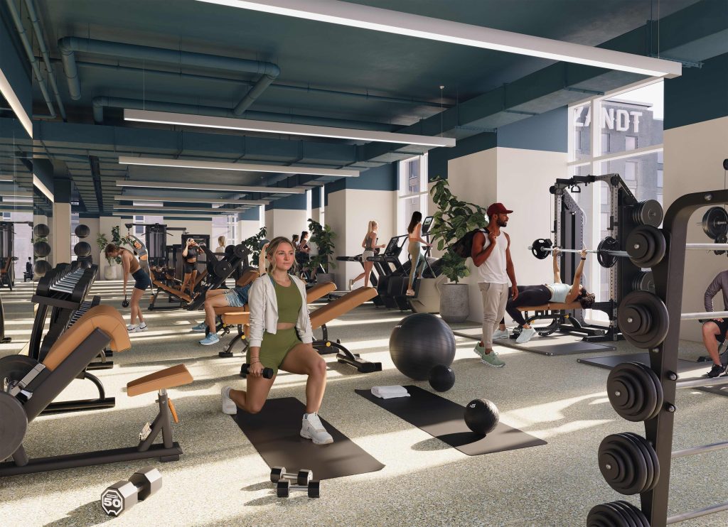 Rendering of Paseo gym with several residents weight-lifting.