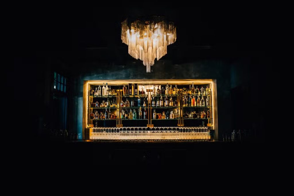 Elegant cocktail bar interior at Prélude, one of the newest high-end cocktail bars in downtown Austin.