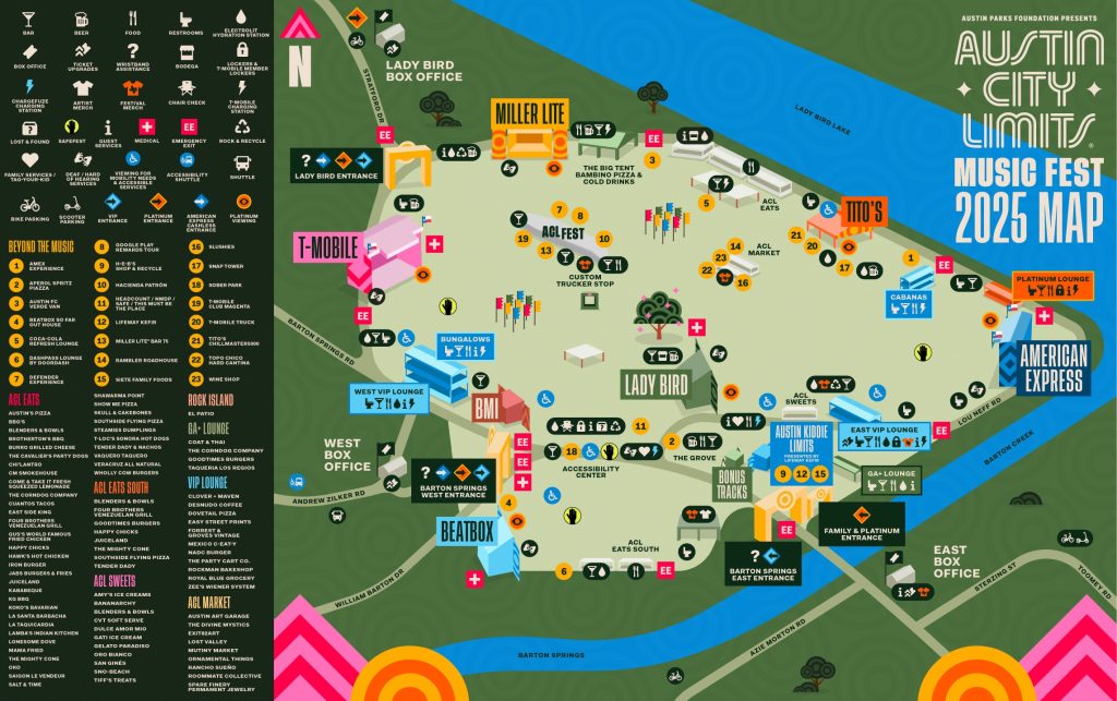 Festival map of Austin City Limits 2025 showing stages and entrances for ACL tips.