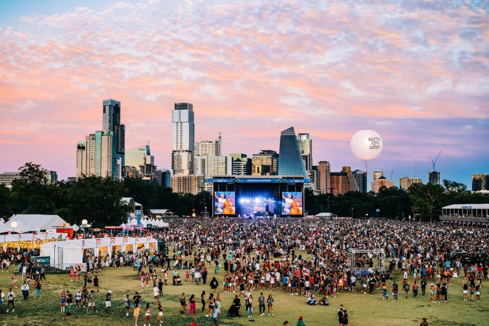 Austin skyline and main stage crowd at Austin City Limits Festival.