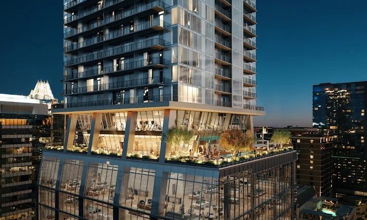 Exterior view of ATX Tower, luxury high-rise apartments in downtown Austin.