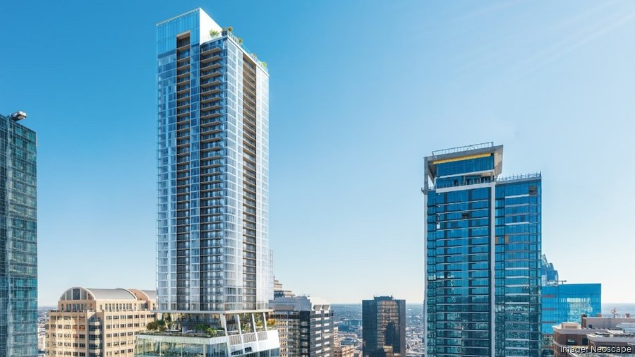 Exterior view of ATX Tower, luxury high-rise apartment in downtown Austin.