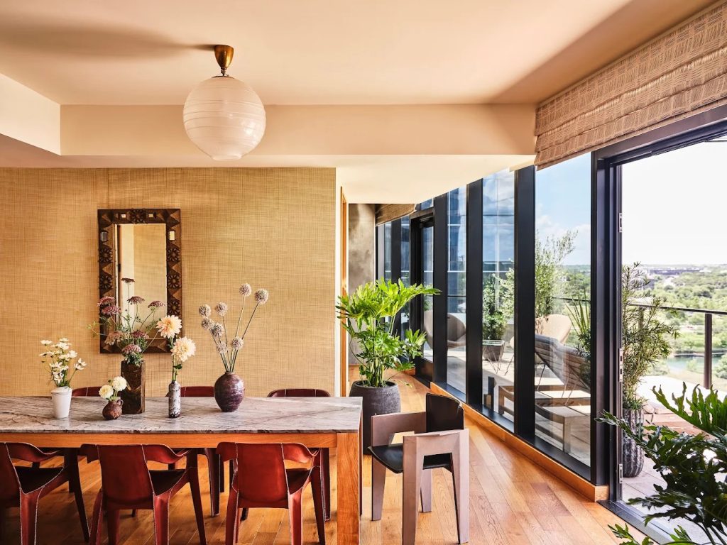 Interior of room at Austin Proper Hotel, a luxury boutique hotel in downtown Austin.