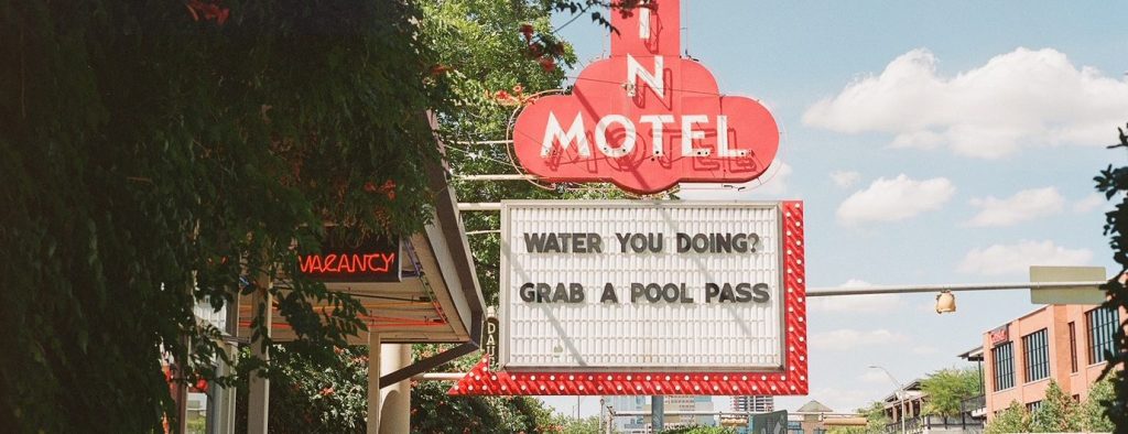 Iconic neon Austin Motel sign on South Congress, a hotel near downtown Austin.