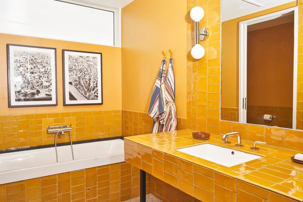 Hotel Magdalena’s colorful bathroom interior on Music Lane, near downtown Austin.