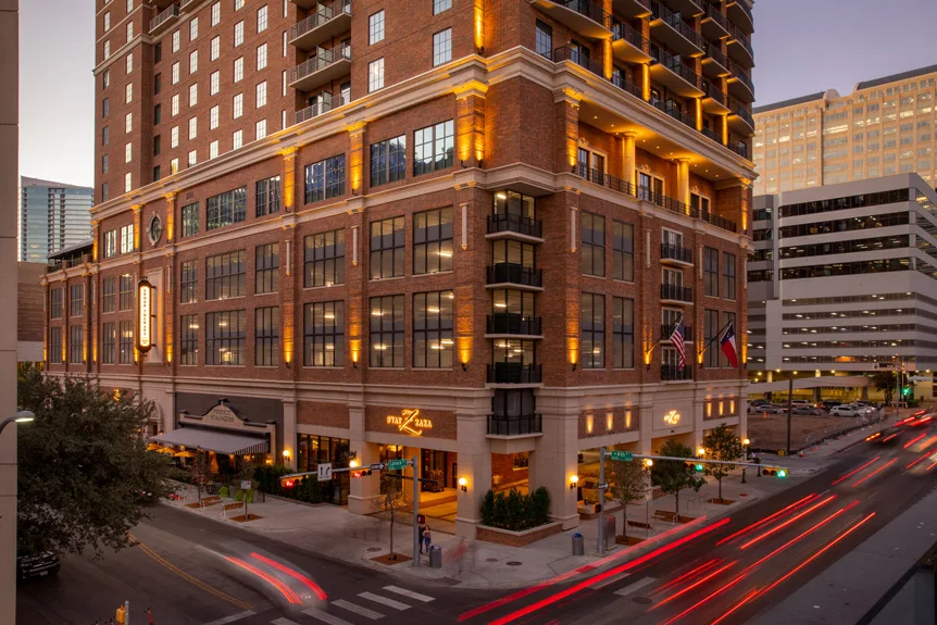 Exterior view of Hotel ZaZa, a luxury hotel in downtown Austin with bold design.