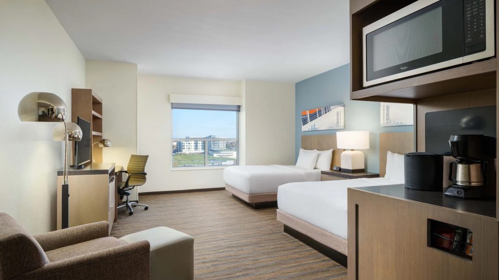 Hotel room at Hyatt House Austin Downtown, a modern hotel in downtown Austin.