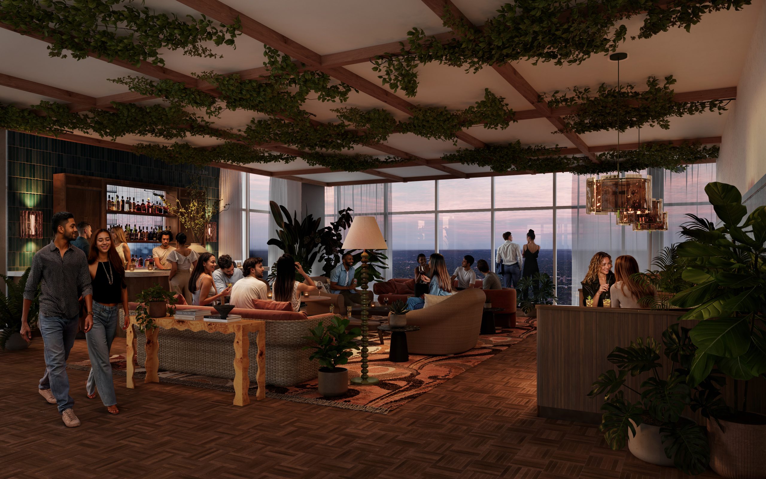 Clubroom and fireplace lounge on Level 48 at Paseo in downtown Austin.