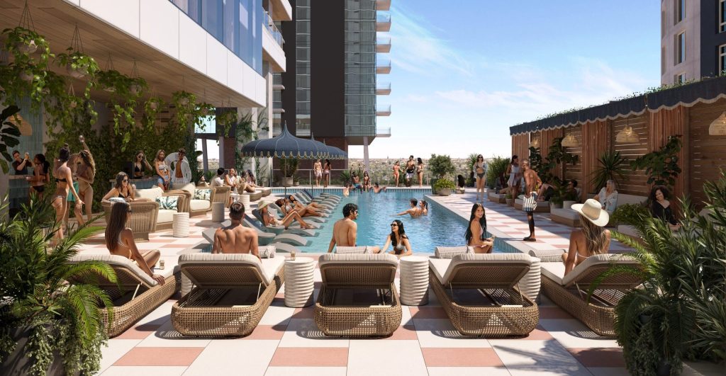 Paseo rooftop pool with lounge seating and skyline views on Rainey Street.