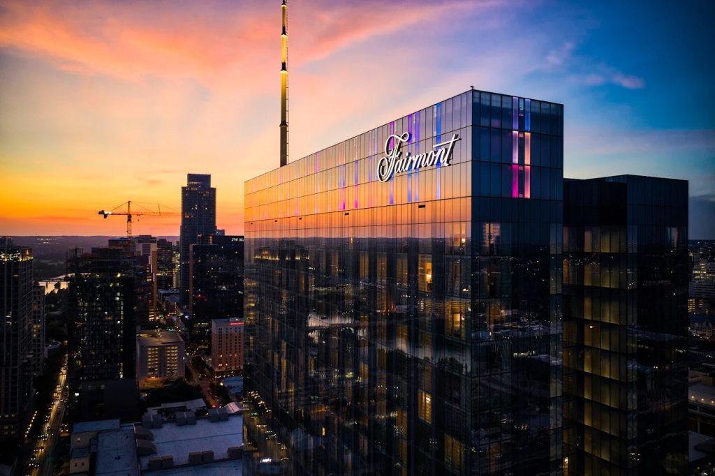 The Fairmont Hotel at sunset, one of downtown Austin’s most iconic luxury hotels.