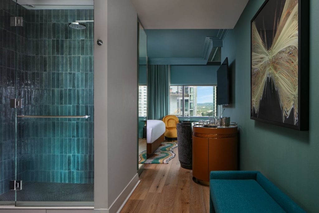 Interior of hotel room at W Austin, one of the best hotels in downtown Austin for luxury stays.