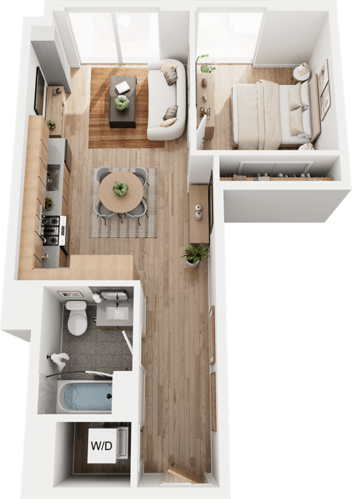3D one-bedroom Floorplan Rendering of The Emmer