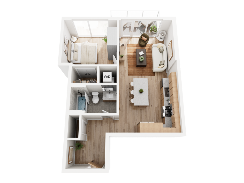 3D one-bedroom Floorplan Rendering of The Geraldine