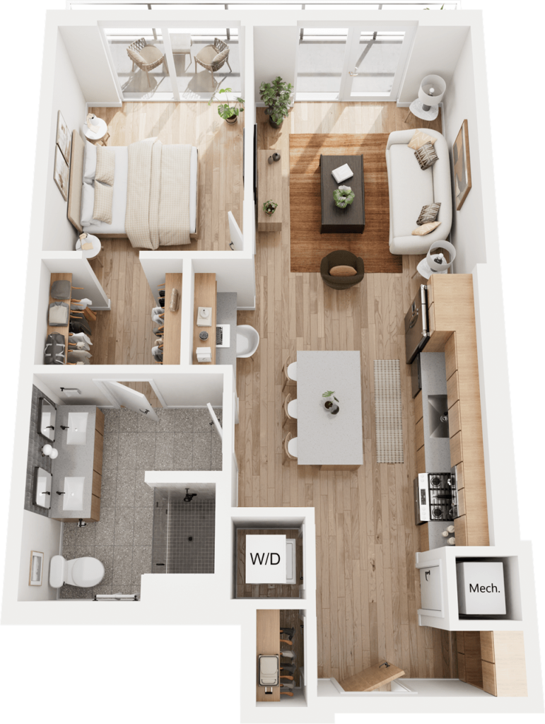 3D one-bedroom Floorplan Rendering of The Lustre