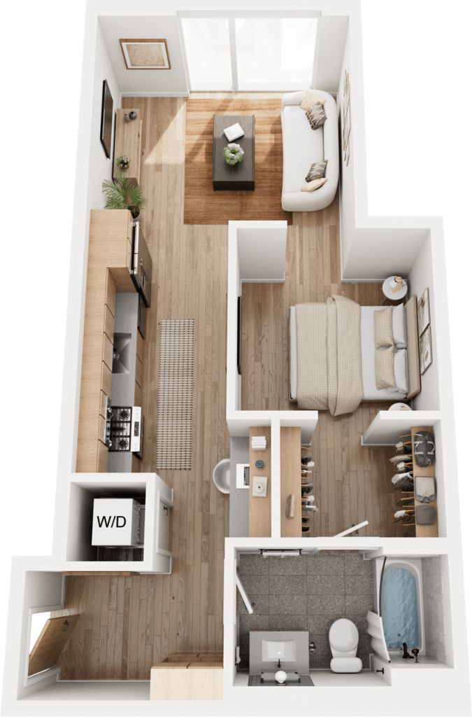 3D one-bedroom Floorplan Rendering of The Parlor