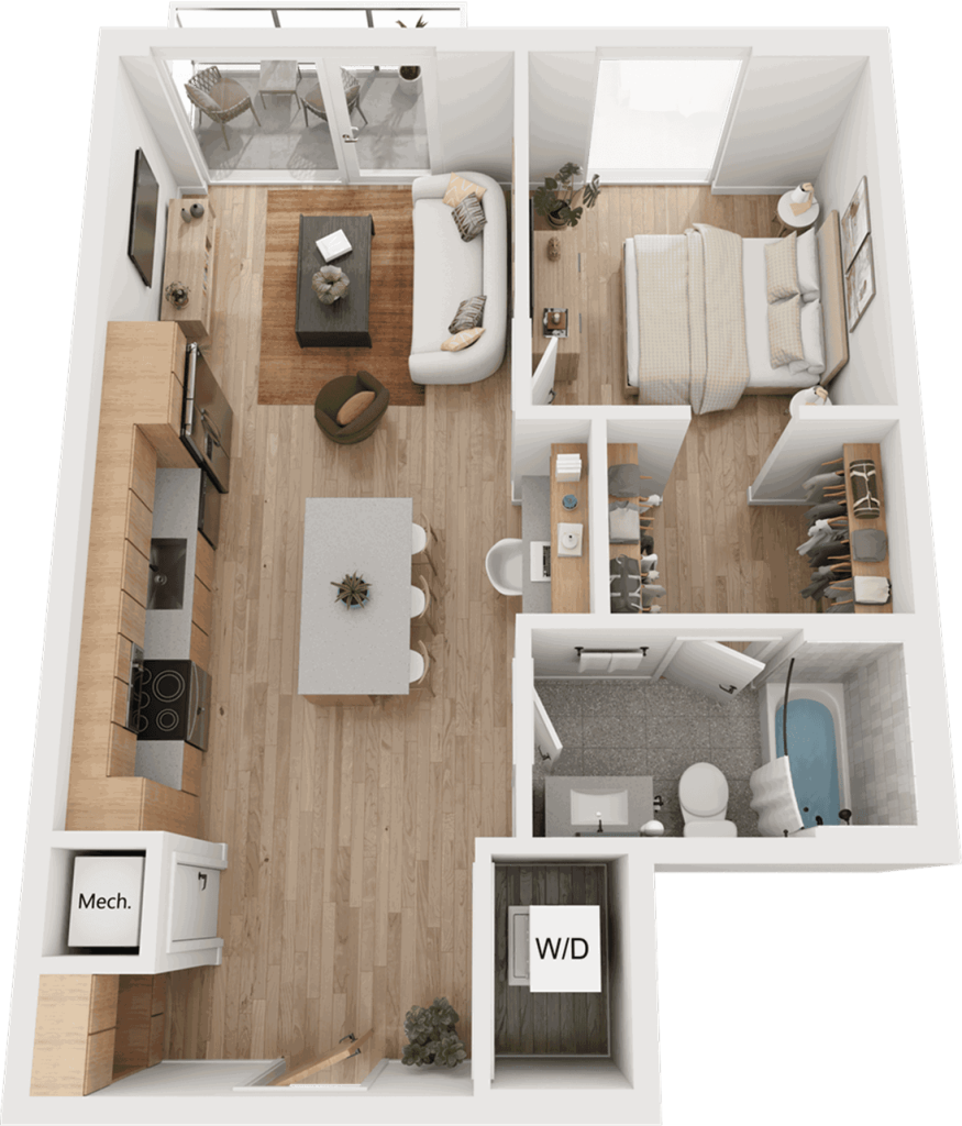 3D one-bedroom Floorplan Rendering of The Shoal
