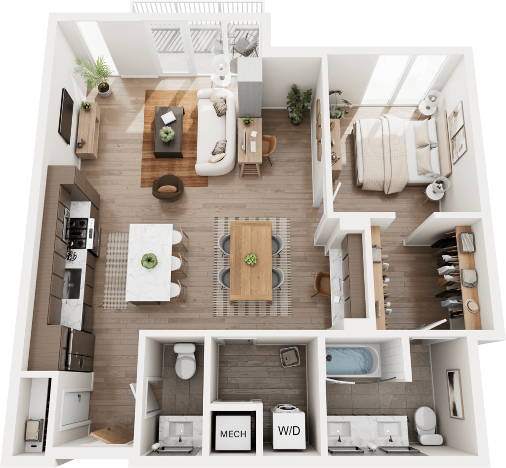 3D Rendering of The Townes one-bedroom floorplan