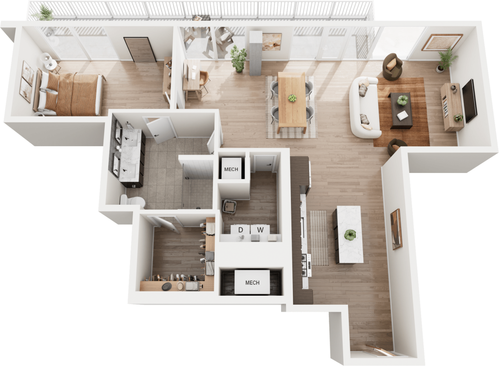 3D Rendering of The Willow one-bedroom floorplan
