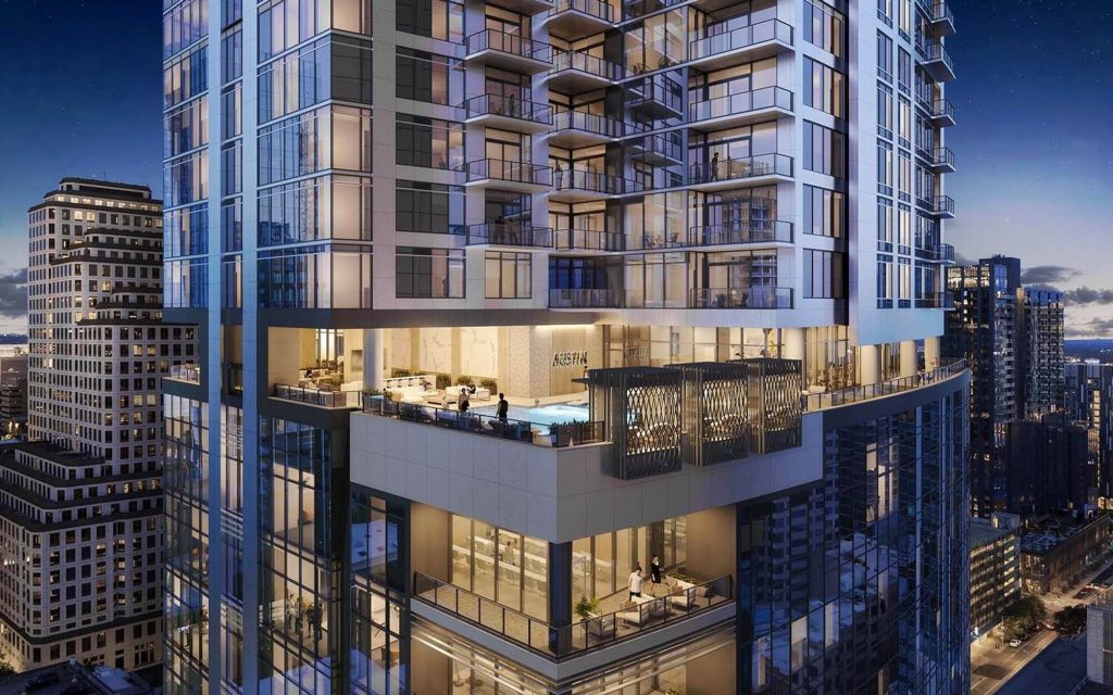 Aerial view of 415 Colorado apartments in downtown Austin.