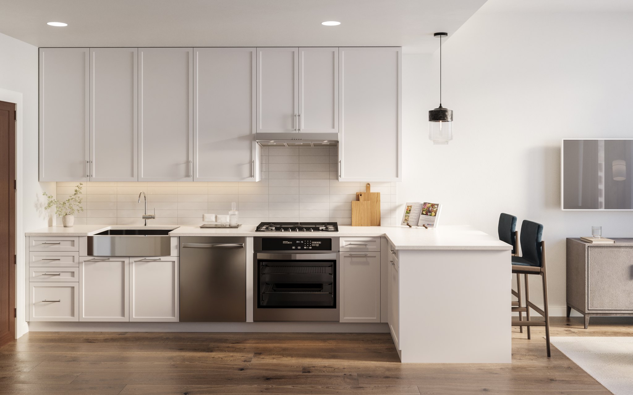 Interior kitchen finishes at 415 Colorado apartments in downtown Austin.