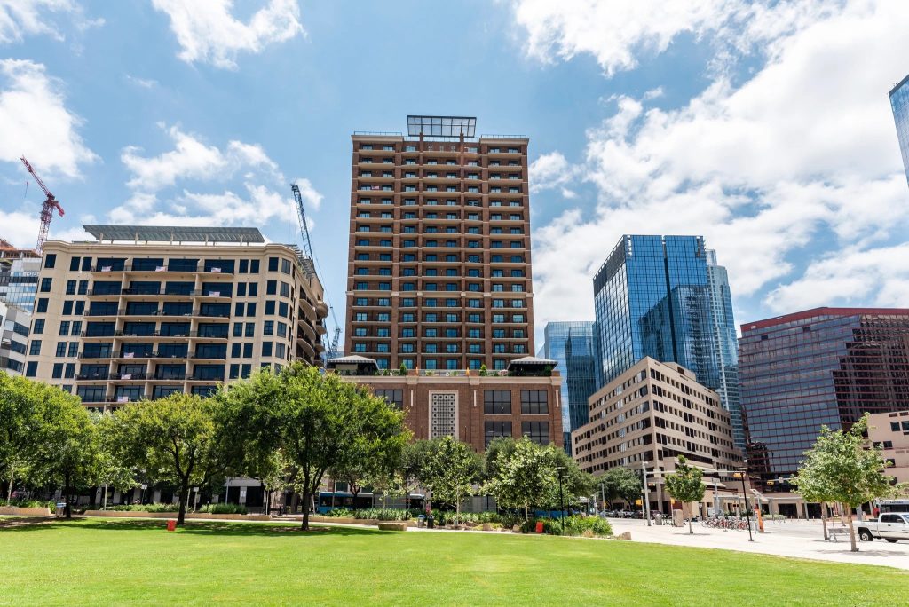 Exterior of Gables Republic Square apartments in Downtown Austin. 
