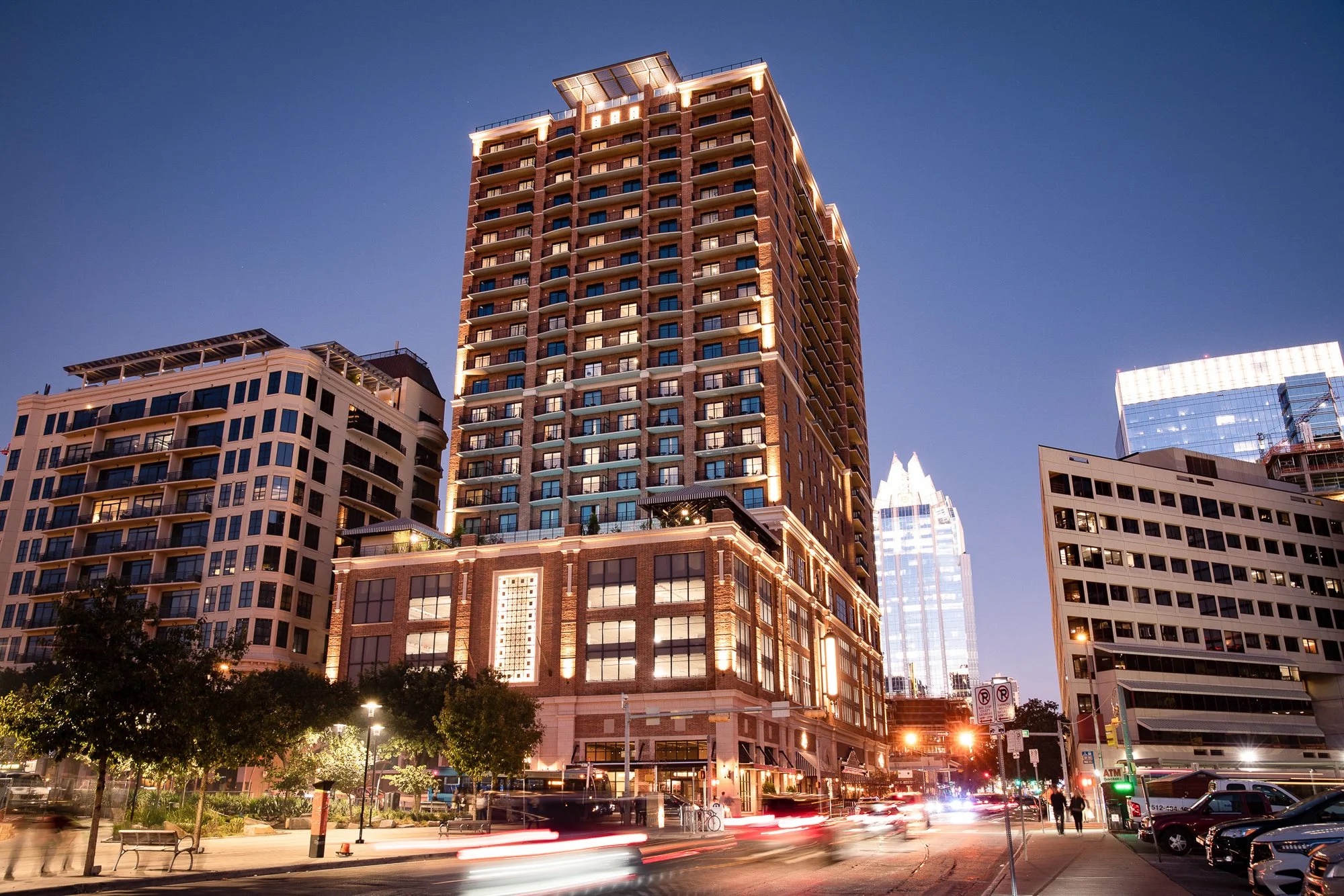 Exterior of Gables Republic Square apartments in Downtown Austin.
