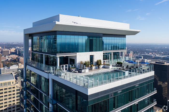 Aerial view of Hanover Republic Square apartments in downtown Austin.
