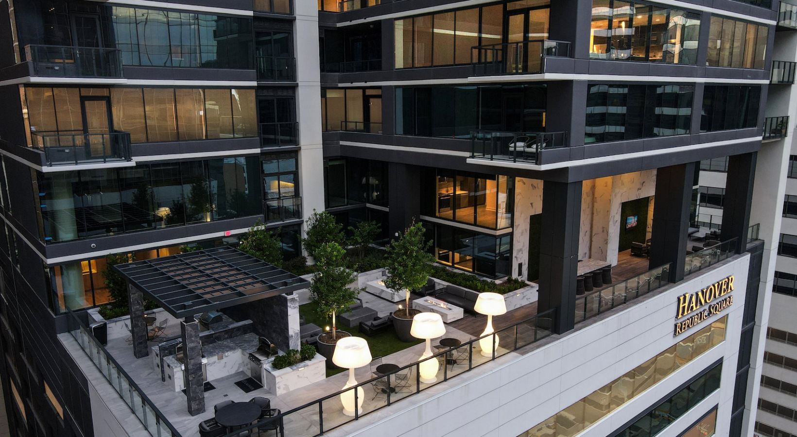 Aerial view of Hanover Republic Square apartments in downtown Austin