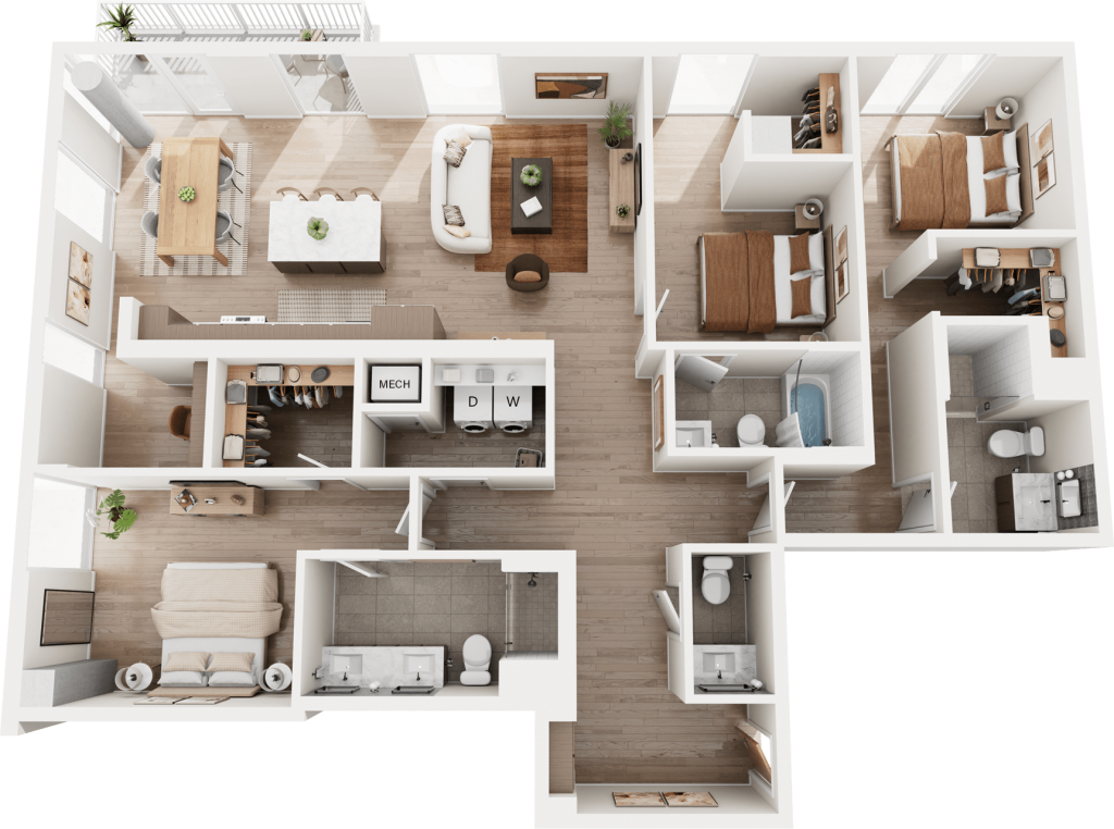 3D three-bedroom floorplan of The Butler