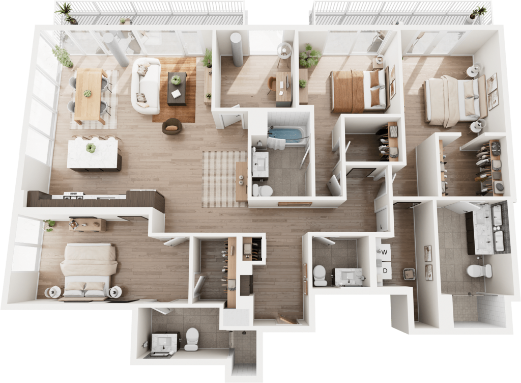 3D three-bedroom floorplan of The Driskill