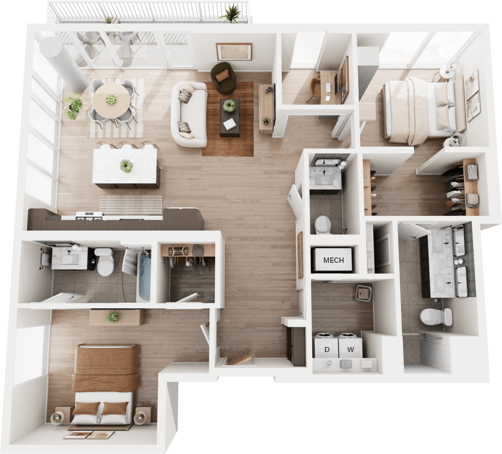 3D two-bedroom floorplan of The Holly