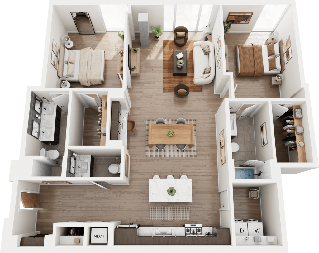 3D two-bedroom floorplan of The Lambie
