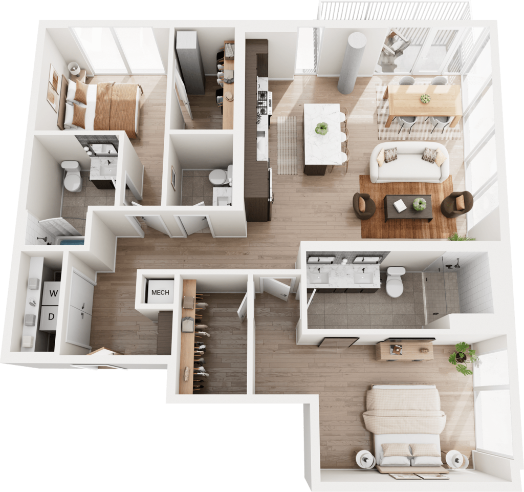 3D two-bedroom floorplan of The Perry
